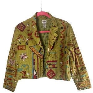 Chicos Cropped Coat Women’s Size 1 Embroidered Aztec Design Open Long Sleeves
